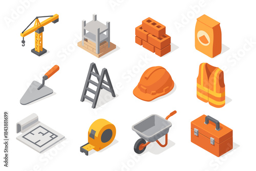 Construction tools and equipment icons in isometric flat design