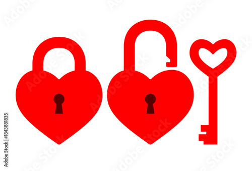 A romantic vector of red heart locks and a skeleton key symbolizes love and security perfect for Valentines Day themes.