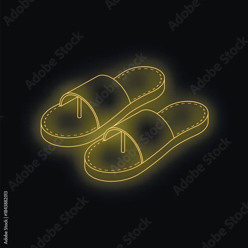 Neon yellow flip flops shining on a dark background, representing summer footwear, relaxation, and holidays