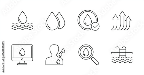 A set of eight line icons depicting various water related concepts and symbols