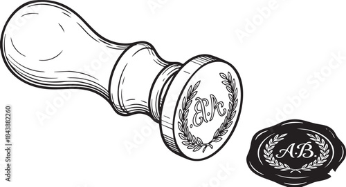 Elegant Vintage Monogram Wax Seal and Sealing Stamp Engraving Style Vector