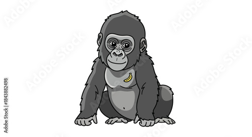 Cute baby gorilla sitting with a banana on its chest