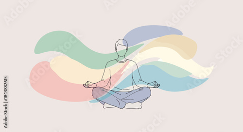 Person meditating in lotus position with abstract colorful waves