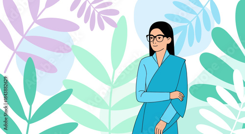 A confident Indian woman in a sari standing against a modern botanical background.