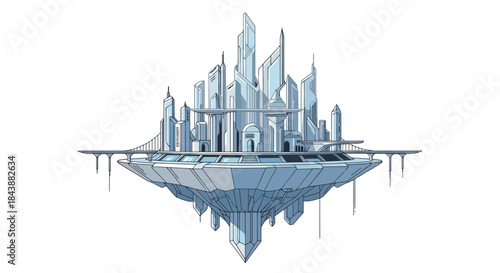 Futuristic city on a floating island with sci-fi architecture.