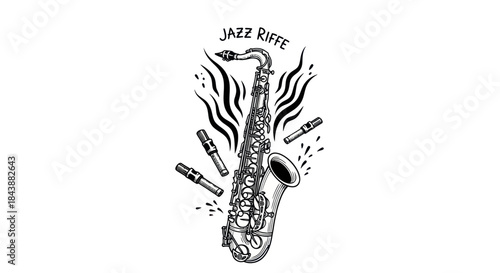 Jazz saxophone with scattered mouthpieces and musical notes.