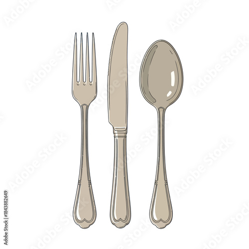 Set of elegant silverware including a fork, knife, and spoon on a white background.