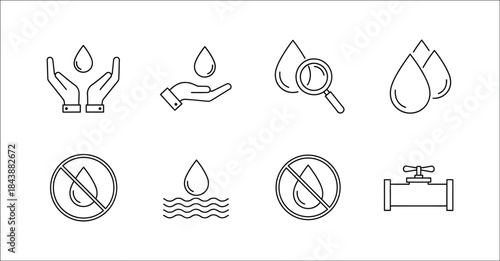 A set of eight icons depicting water and flame symbols in line art style