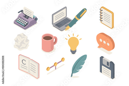 Creative workspace essentials icons in isometric style for modern design projects