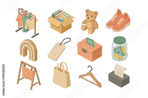 Isometric icons of clothing, toys, and accessories for e-commerce and retail concepts