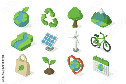 Eco-friendly icons set featuring nature, sustainability, and renewable energy concepts in isometric style