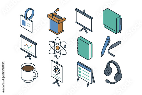 Isometric office and conference essentials: notebook, pen, headset, and more