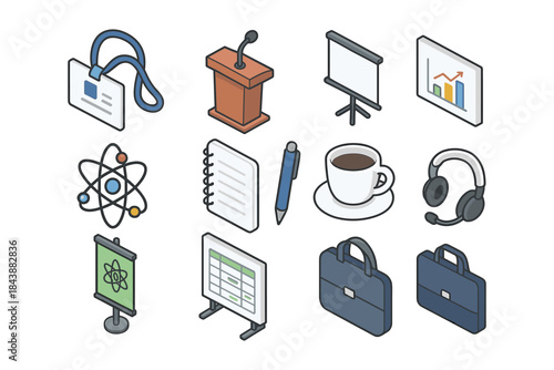 Office essentials isometric icons: id, presentation, atom, notebook, coffee, headphones, briefcase