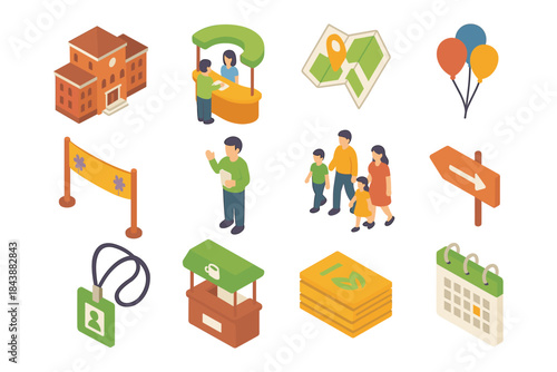 Isometric event planning elements with family, venue, and navigation icons
