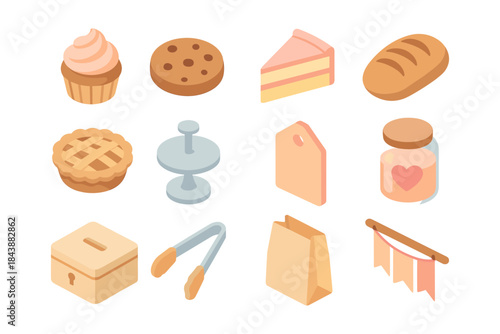 Collection of isometric bakery and cafe icons featuring pastries and kitchen tools