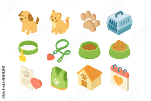 Isometric pet care icons collection with animals, accessories, and essentials
