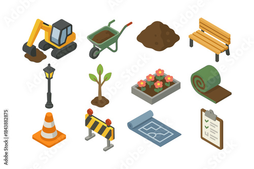Isometric construction and landscaping icons set for urban planning