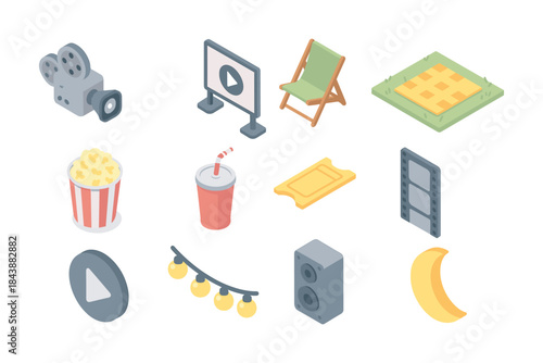 Isometric cinema icons: movie camera, screen, popcorn, film, and more