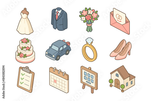 Isometric wedding elements: dress, suit, flowers, and more in pastel tones