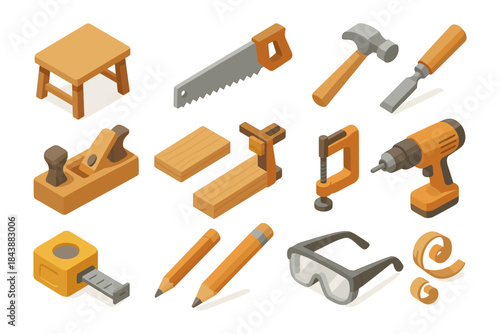 Isometric woodworking tools set with hammer, saw, drill, and workbench accessories