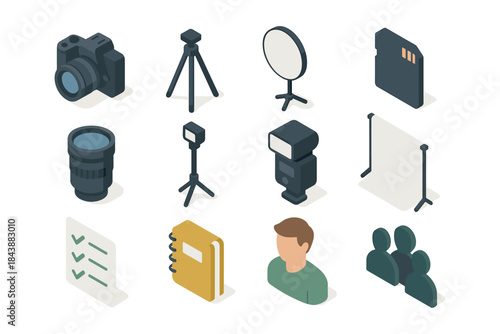 Photography equipment icons in isometric style for creative projects