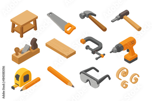 Essential tools for woodworking in isometric style: hammer, drill, saw, and more