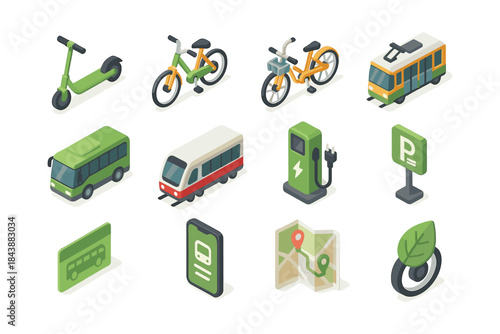 Urban transport isometric icons featuring bikes, scooters, and electric vehicles for sustainable city design