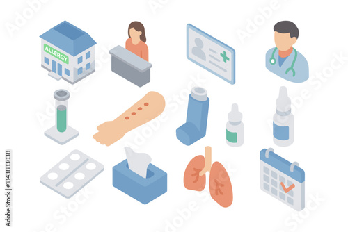 Isometric allergy treatment concepts with testing, medication, and medical professionals