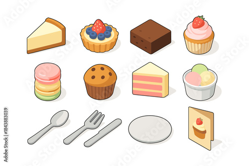 Delightful dessert collection in isometric style featuring cakes, muffins, and more