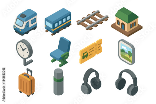 Isometric train travel icons: transport, ticket, luggage, headphones, more