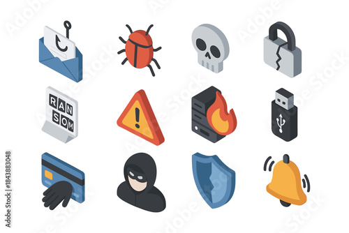 Isometric cybersecurity icons: phishing, malware, firewall, data protection