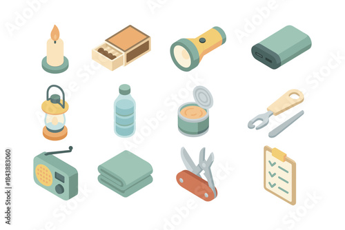 Isometric emergency preparedness items: tools, supplies, and essentials for crisis situations