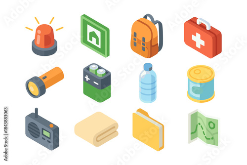 Emergency preparedness essentials in isometric style: gear and supplies for safety and survival