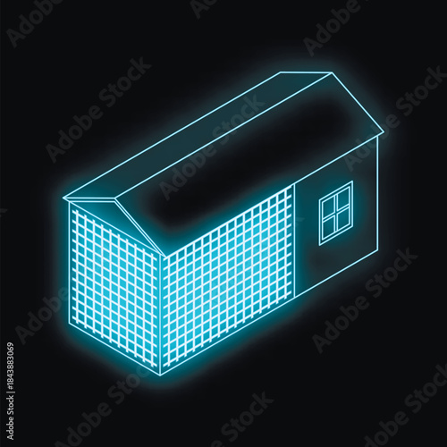 Neon blueprint of a small house illuminating the wireframe structure and solid walls on a black background