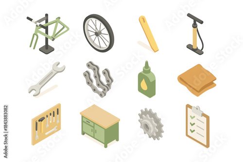 Essential bicycle repair tools and equipment set in isometric style for diy enthusiasts