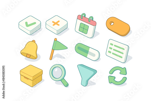Colorful isometric icon set with checklist, calendar, and search symbols for ui design