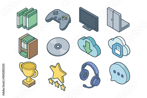 Isometric technology and entertainment icons