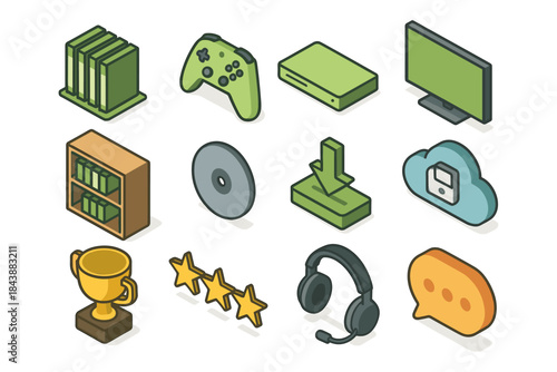 Set of digital and gaming icons in isometric style featuring headphones, game controller, and more
