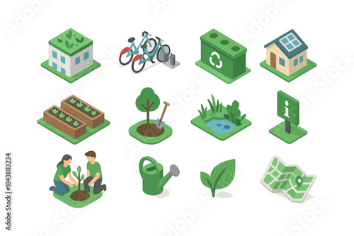 Sustainable living icons: eco-friendly isometric designs for urban and rural concepts