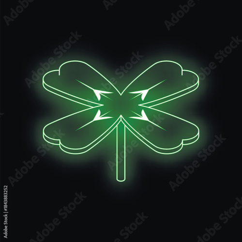 Neon green four leaf clover shining brightly against a dark background, representing good fortune and luck
