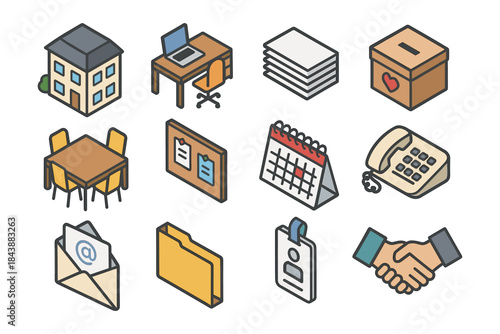 Office essentials: isometric icons for modern business and organization