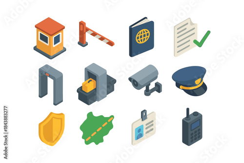Isometric security icons set featuring gate, passport, camera, and more for modern infographic design