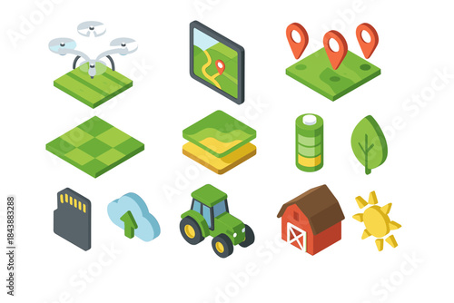 Isometric smart farming icons featuring drones, maps, and agricultural technology