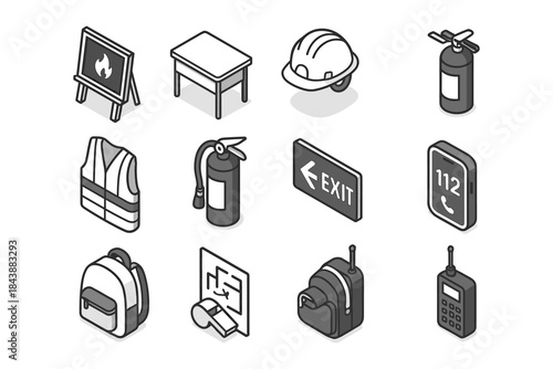 Isometric safety equipment icons featuring fire extinguisher, hard hat, and emergency tools
