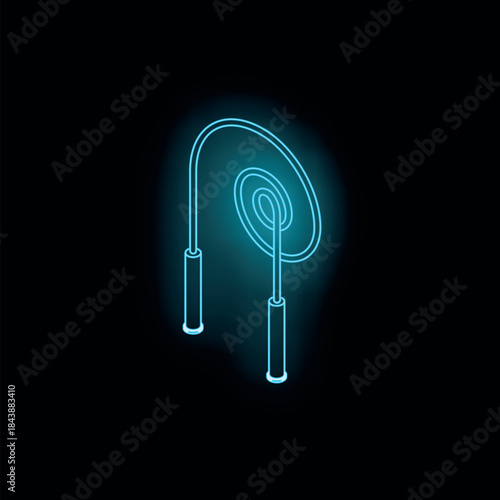 Bright neon blue skipping rope icon glowing on dark background, representing fitness and exercise