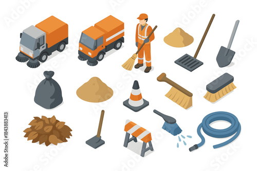 City street cleaning tools and equipment in isometric design for urban maintenance concepts