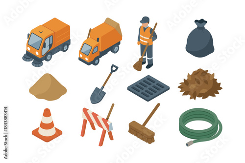 Isometric urban maintenance icons featuring vehicles and tools for street cleaning and construction