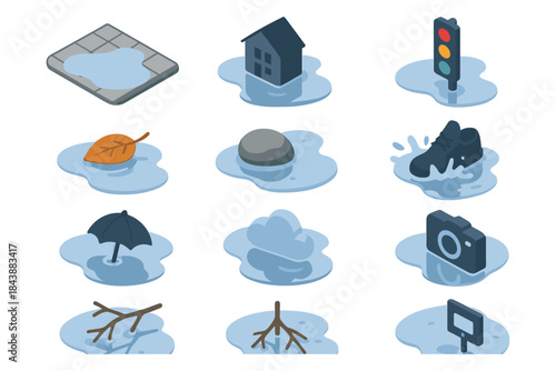 Isometric flooded objects: urban and nature elements submerged in water