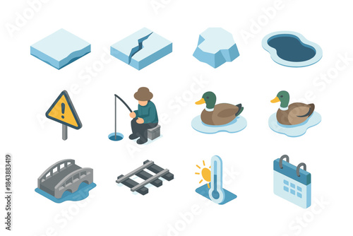 Isometric winter icons: ice, fishing, ducks, and more in cool tones