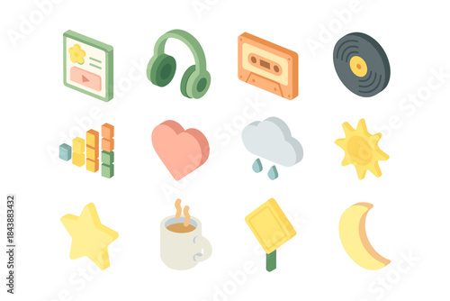 Diverse 3d icons set featuring music, nature, and technology elements in soft pastels